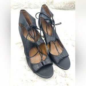 Aquazzura Lace-Up Sandals Christy Black‎ Leather Size 38.5 Open Toe Heel US 8.5